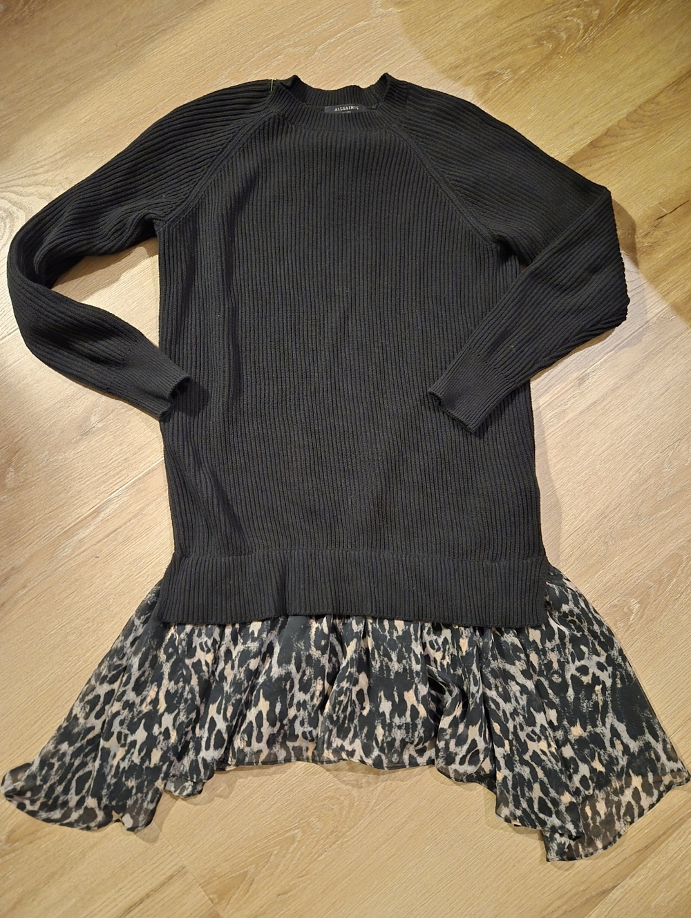 All SAINTS Black Ribbed Sweater Dress with Leopard Hem Small